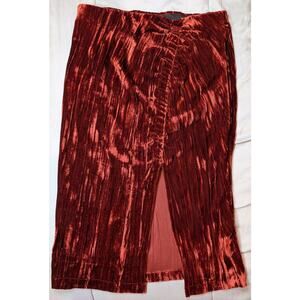 Zara Trafaluc Velvet Midi Skirt Rust Ruched Slit Elastic Waist Womens L